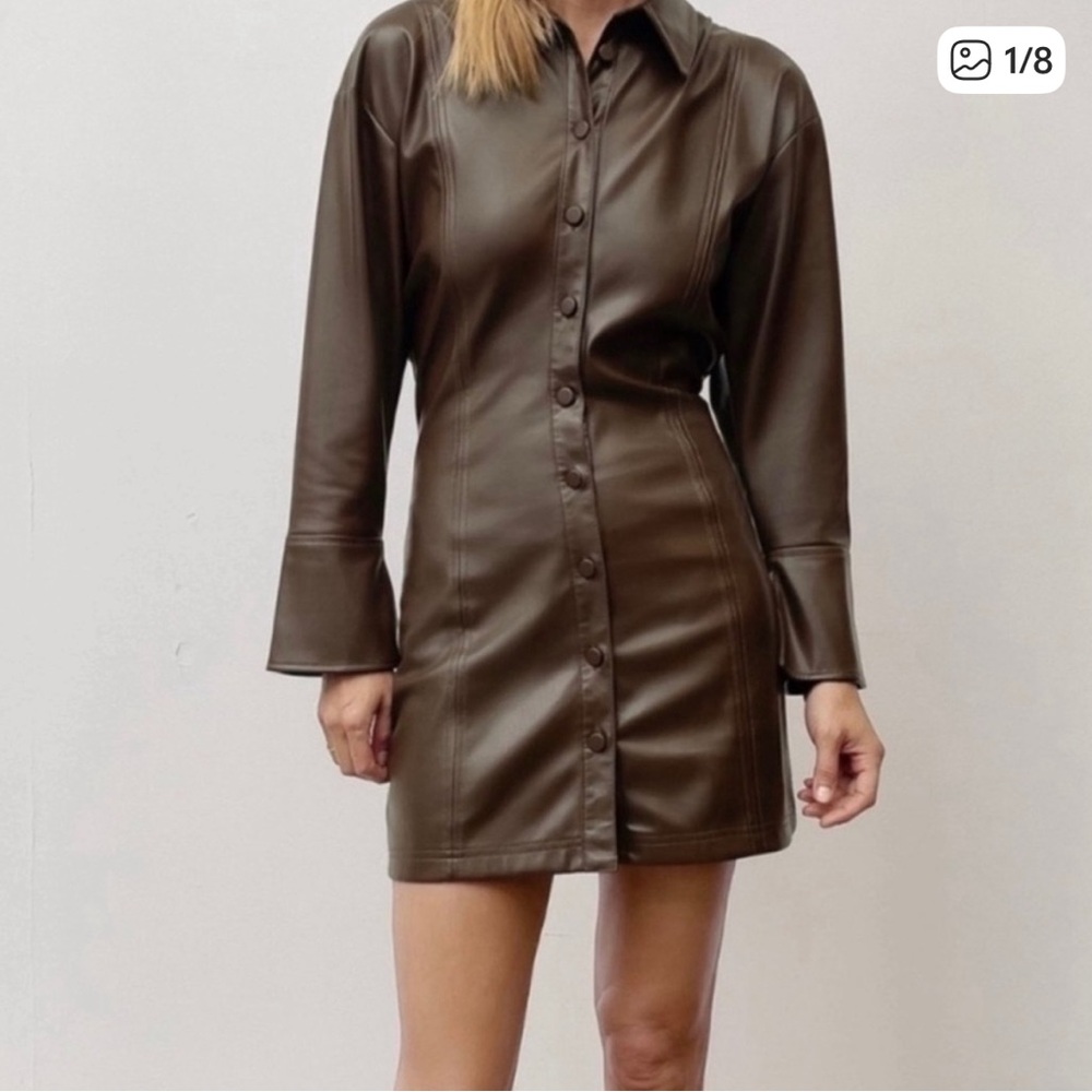 Zara Brown Faux Leather Mini Shirt Dress